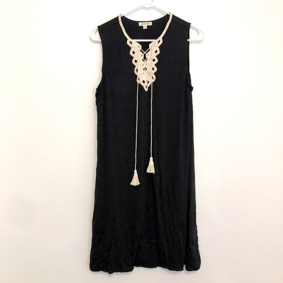 MAX STUDIO Black Cream Beige Embroidered Lace Up Tassel Sleeveless Shift Dress S - Picture 2 of 12